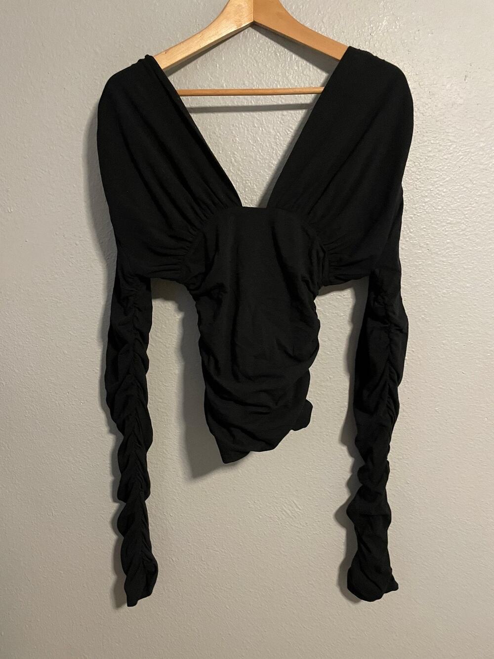 Interior Womens Top Medium Black Deep V Long Sleeve Ruched Designer Clubwear